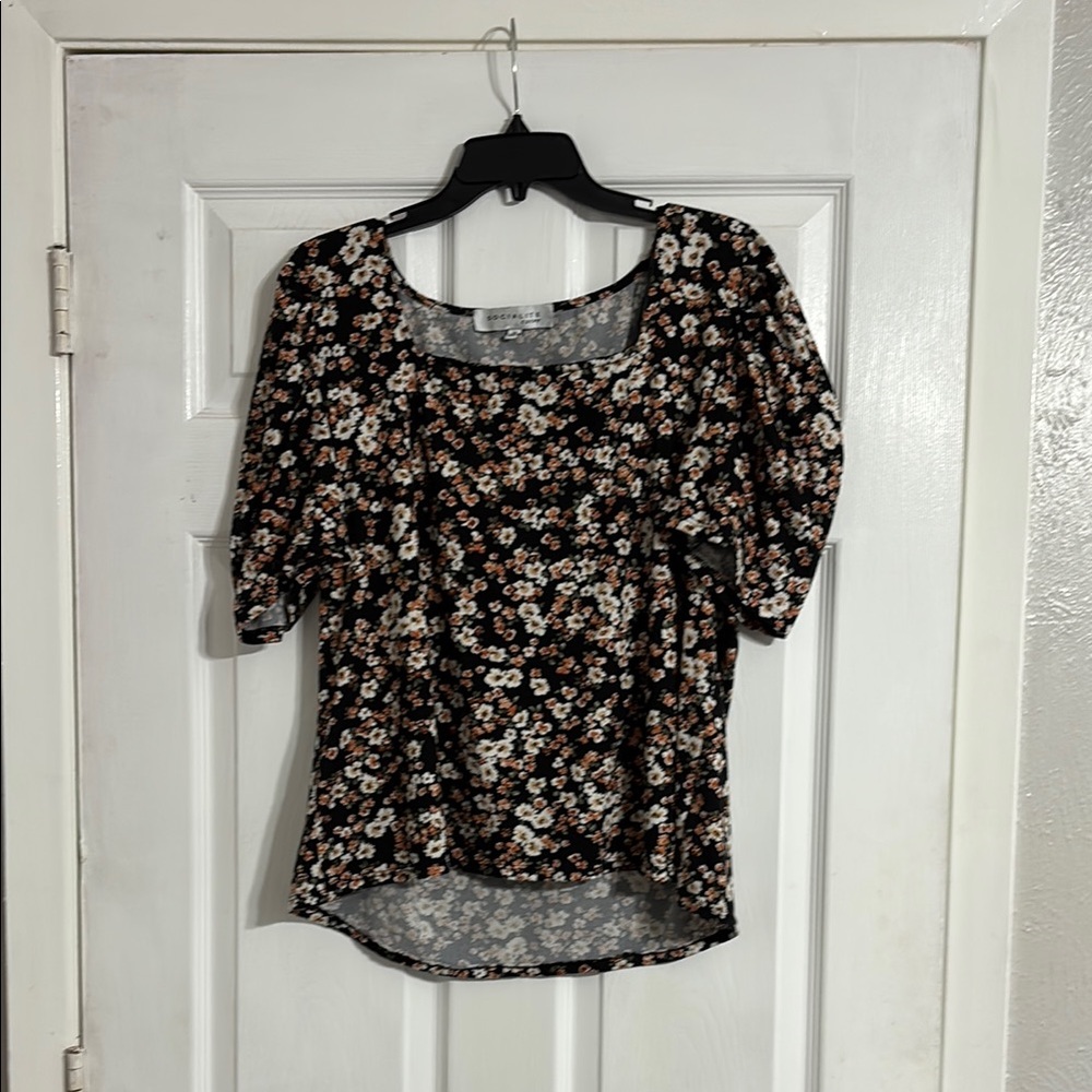 Floral Black and White Women's Square Neck Top